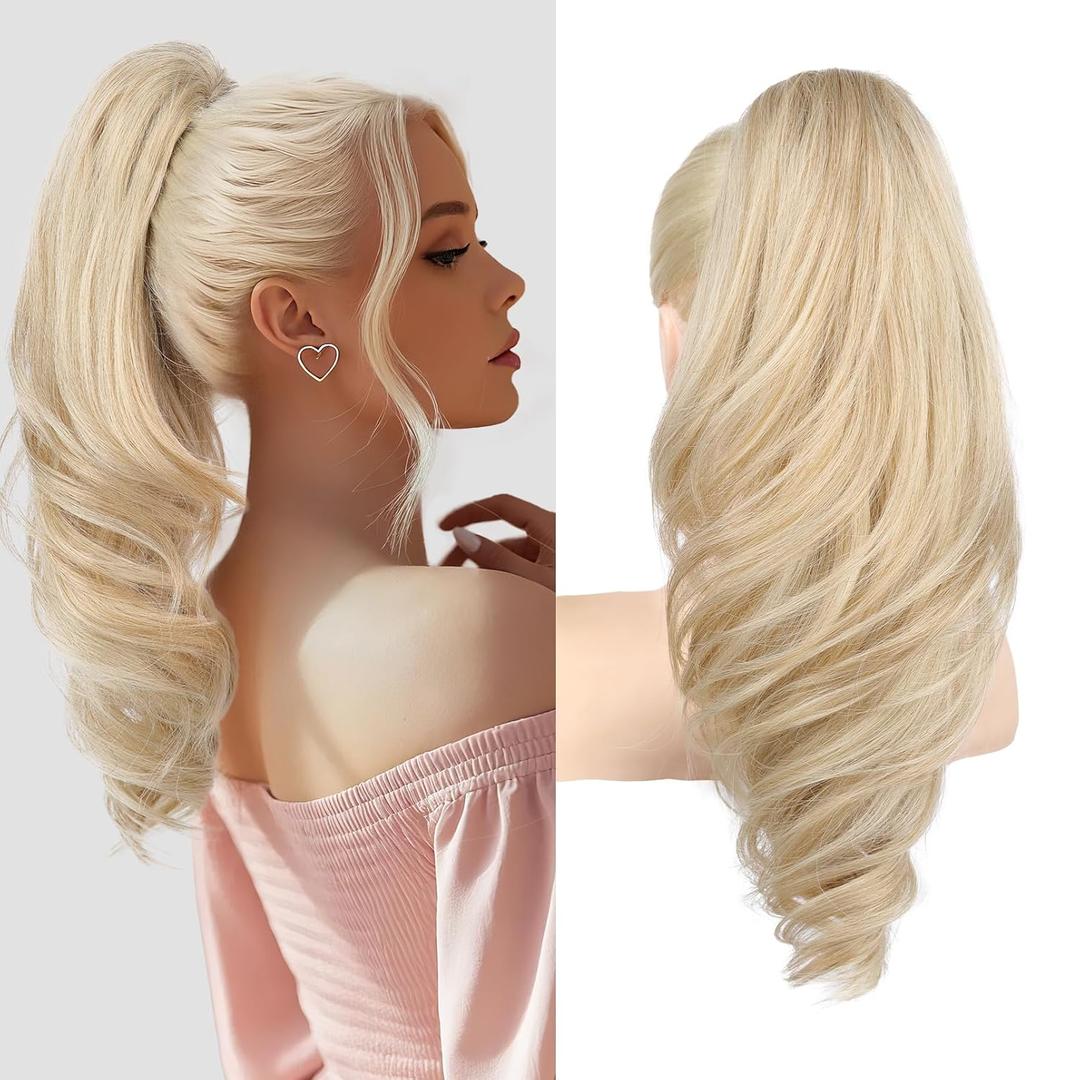 SEIKEA Ponytail Extension, 18" Wavy Claw Clip in Hair Extensions for Women, Lightweight Fluffy Synthetic Ponytail Hairpiece, Natural Soft & Easy to Wear, for Short Blonde Pale Gold Highlights