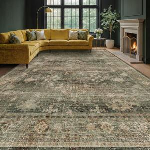 Farmhouse 9x12 Green Large Area Rugs for Living Room, Dark Academia Vintage Forest Green Washable Rug for Bedroom Under Bed with Distressed Geometric Aesthetic Décor, Stain Resistant Low Pile Non-Slip