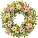 20 Inch Spring Wreaths for Front Door, Artificial Pink Gerbera Daisy & Yellow Rose Floral Wreath with Lamb's Ear Leaves & Greenery, Farmhouse Summer Wreath for Wall Window Porch Home Decor
