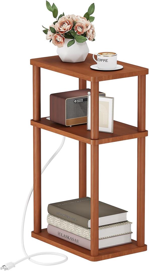 Solid Wood Side Table with Charging Station, 3-Tier Small End Table with USB Ports and Outlets, Narrow Couch Side Table, Skinny Nightstand Bedside Table for Small Spaces, Bedroom, Living Room