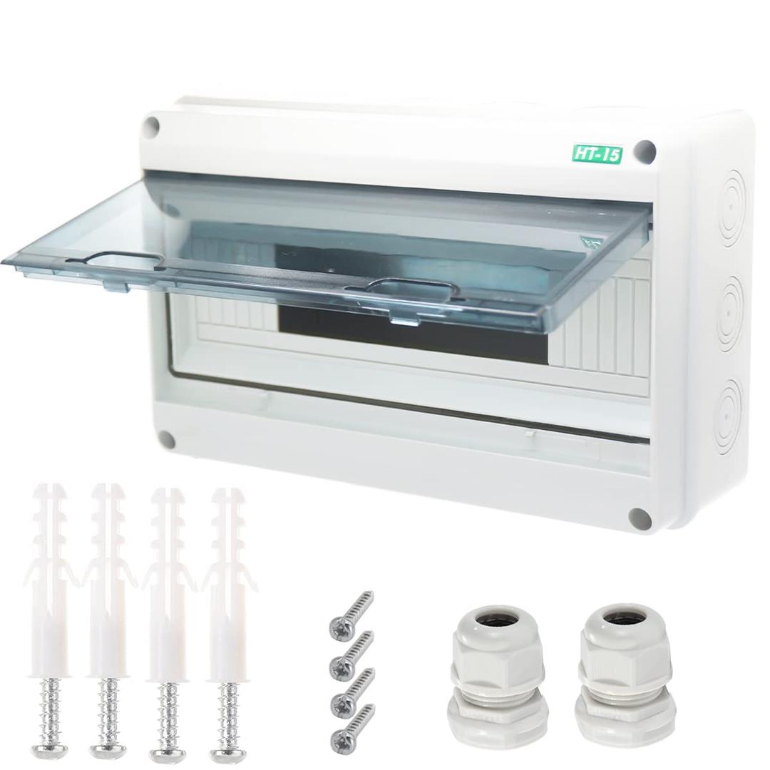 Breaker Box Distribution Protection Box, IP65 Clear Cover Electrical Box, ABS Power Supply Electronic Junction Box Din Rail Enclosure for Circuit Breaker on The Wall 15 Way