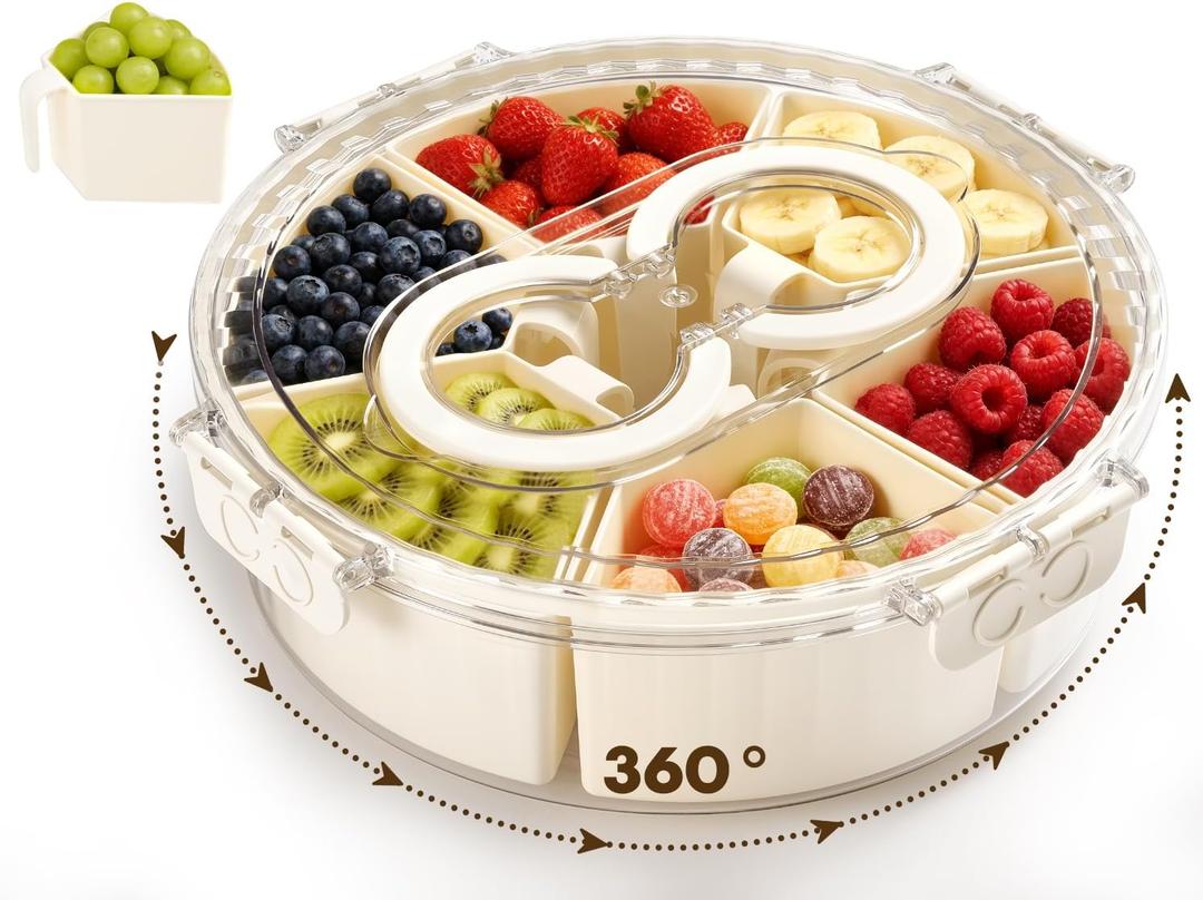 Divided Snack Serving Tray with Lid and HandleSnackle Box Container for Fruits Candy OrganizerPortable Spinning Rounded Veggie Tray for Kitchen, Party, Trave and Picnic, White