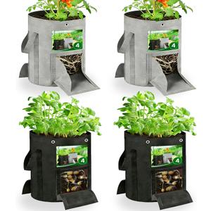 10 Gallon Grow Bags 4-Pack with Viewing Window & Harvest Flap, Heavy Duty Non-Woven Fabric Potato Grow Bags with Reinforced Handles for Vegetables, Tomatoes, Carrots, Onions
