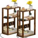 YUFAM 3-Tier Small Narrow Wood Side Table Set of 2 with Charging Station - Skinny Nightstand for Small Spaces, Slim Bedside Table with USB Ports and Outlets - Thin End Table with Storage, Brown