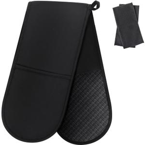 Philorn Black Double Oven MittsHeat Resistant 260 Waterproof Silicone Glove Kitchen Gloves Oven Extra Long Oven Mitts with Non-Slip Silicone Surface for Baking, Cooking, BBQ