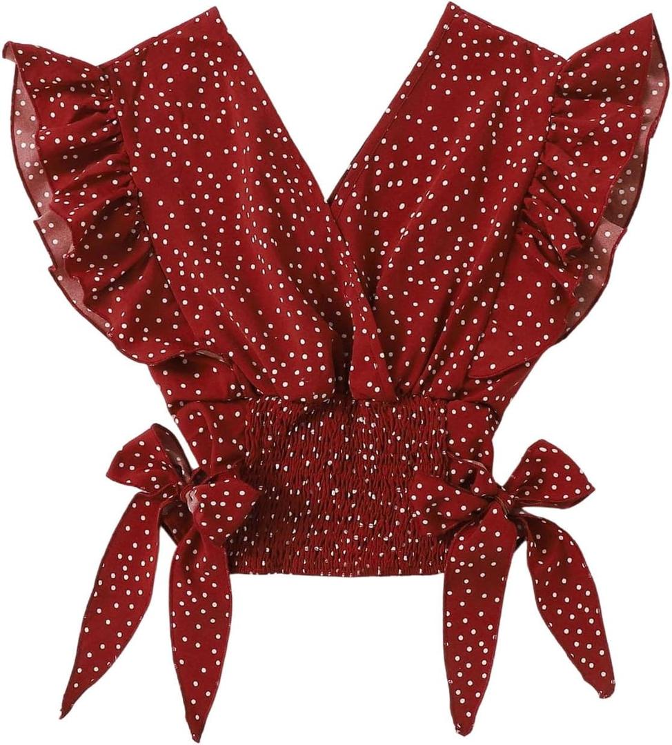 WDIRARA Women's Bow Tie Polka Dots Blouse Ruffle Cap Sleeve Wrap V Neck Crop Tops (XS)