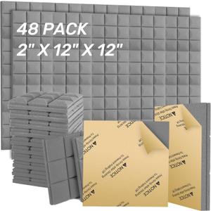 48 Pack Acoustic Insulation Panels 2" X 12" X 12" Self-Adhesive Mushroom Acoustic Foam Panels High Density Sound Proofing Padding Recording Studio Foam Absorber-Gray