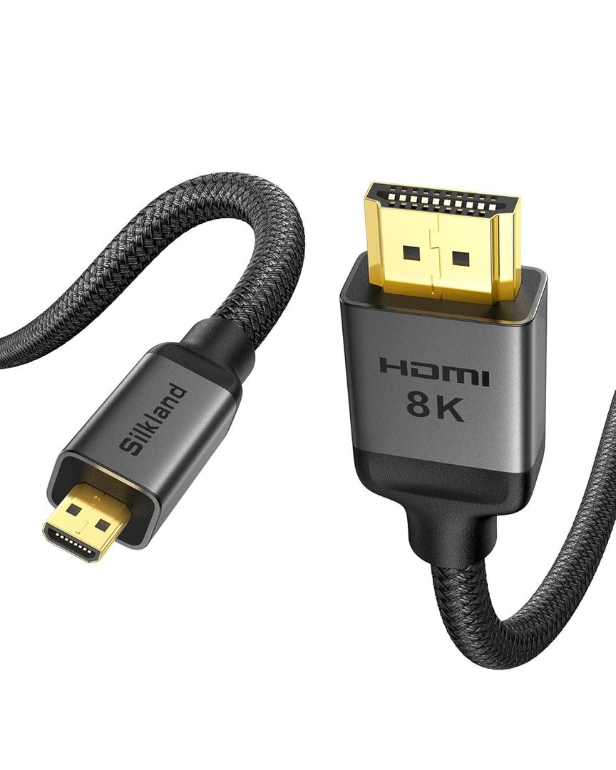 Silkland 8K 4K Micro HDMI to HDMI Cable 6.6ft, Micro HDMI 2.1 Adapter [8K@60Hz, 4K@240Hz 144Hz 120Hz] 6K 5K, 48Gbps, HDR, Compatible for Samsung G8,G9, Camera, Raspberry Pi 5 4, GoPro Hero, Cam Link (6.6 Feet)