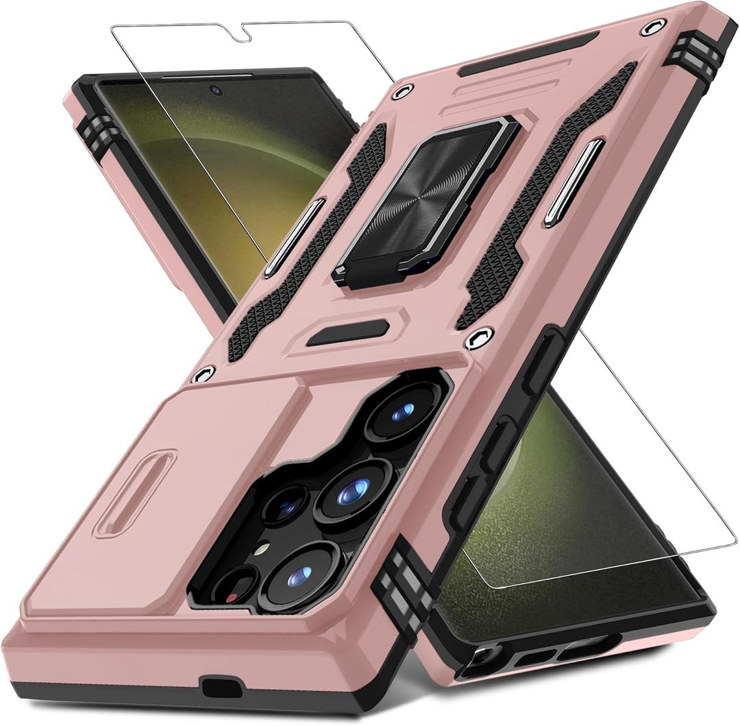 DEERLAMN Case for Samsung Galaxy S25 Ultra with Slide Camera Cover+Screen Protector (1 Pack), Rotated Ring Kickstand Military Grade Shockproof Protective Cover-Rose Gold (S25 Ultra-6.9 Inch)