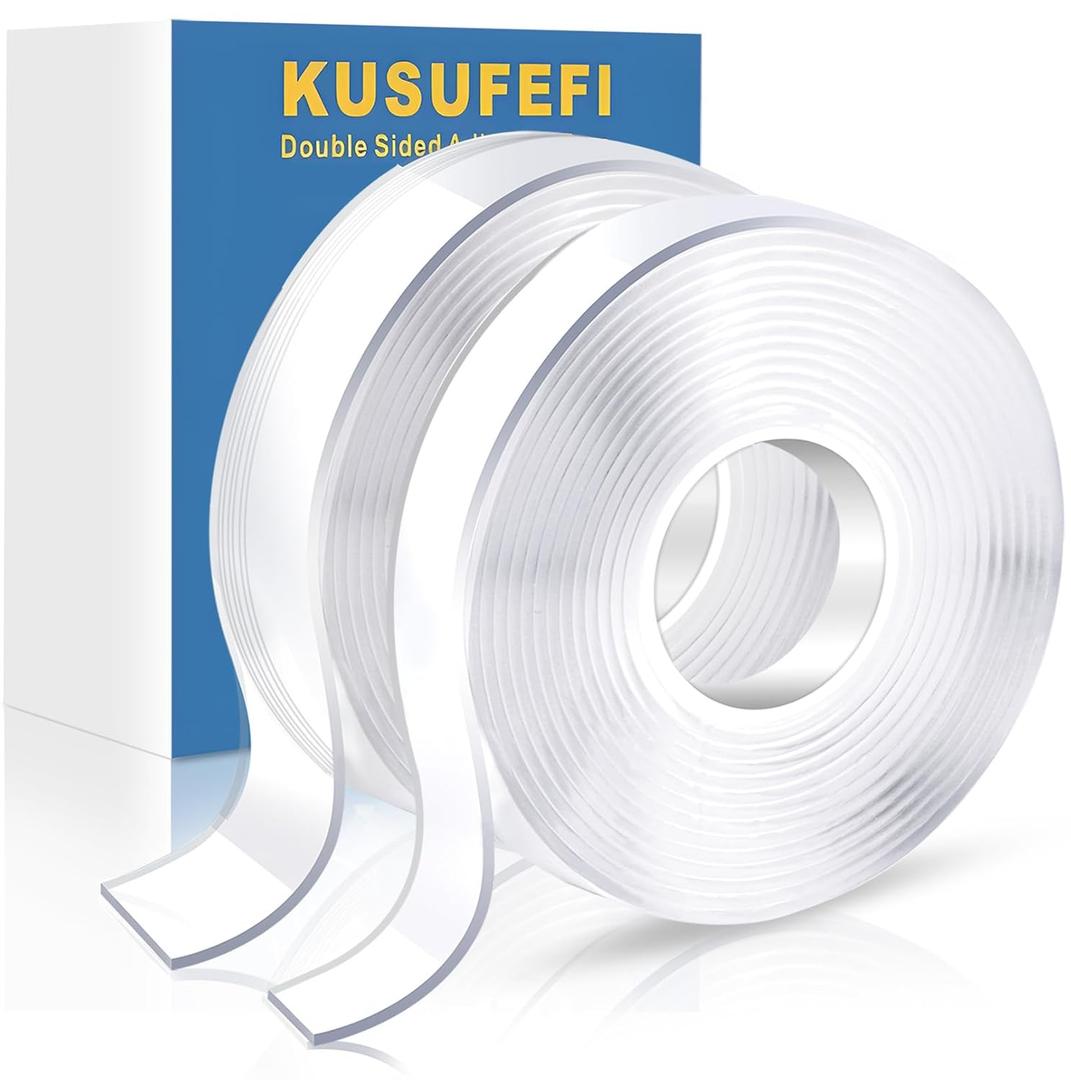 KUSUFEFI Double Sided Adhesive tape Heavy Duty, Double Stick Mounting (2 Rolls, Total 20FT), Clear Two Sided Wall tape Strips, Removable Poster tape for Home, Office, Car, Outdoor Use