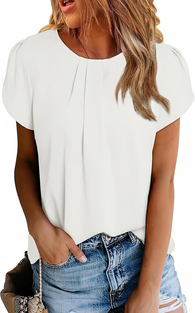 Dokotoo Women's Casual Round Neck Basic Pleated Tops Short Sleeve Loose Fit Curved Back Chiffon Blouses Tshirts, 3XL