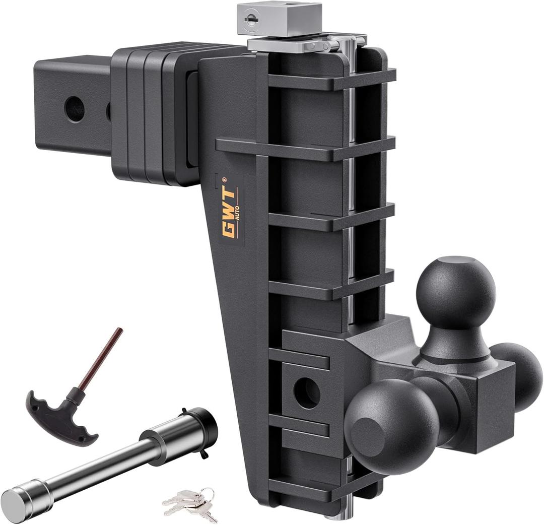 GWTAUTO Adjustable Trailer Hitch, Tri-Ball (1-7/8" x 2" x 2-5/16") Drop Hitch, Fits 2.5-Inch Receiver, 8 Inch Drop Hitch, 18500 LBS GTW-Class 3 Tow Hitch for Heavy Duty Truck, Black, Solid Ball Mount