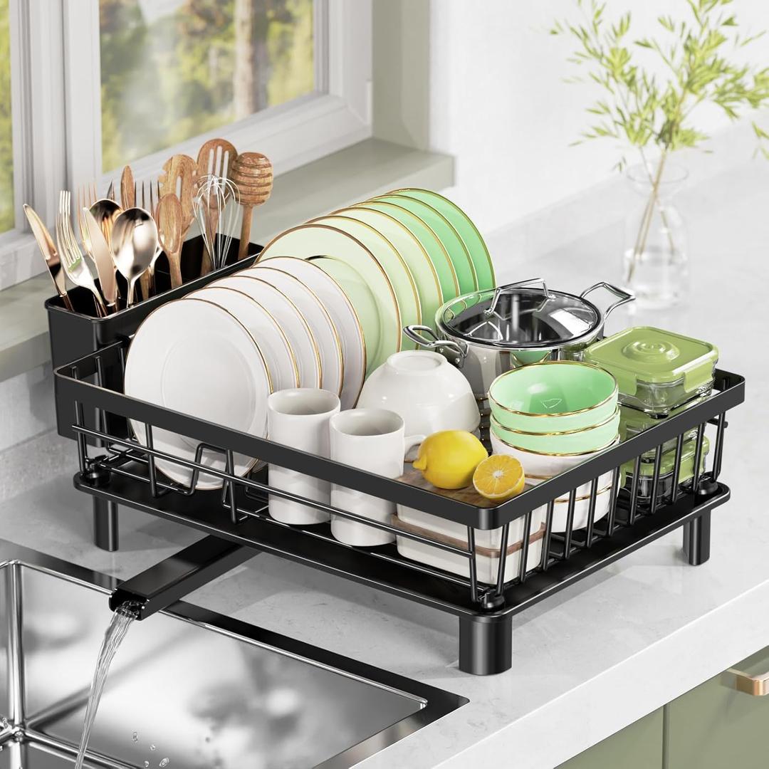 Dish Drying Rack, Stainless Steel Drainer Rack with Drainboard with Smart Drainage System, Space Saving Dish Strainer for Kitchen Counter with Cutlery Holder, Black (12.5W x 17"L), Black  Dish Drying Rack, Stainless Steel Drainer Rack with Drainboard with Smart Drainage System, Space Saving Dish Strainer for Kitchen Counter with Cutlery Holder, Black (12.5W x 17"L), Black