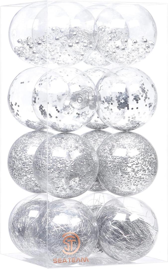 Sea Team Shatterproof Clear Plastic Christmas Ball Ornaments Decorative Xmas Balls Baubles Set with Stuffed Delicate Decorations (100mm/3.94 inch 16-Pack, Silver)