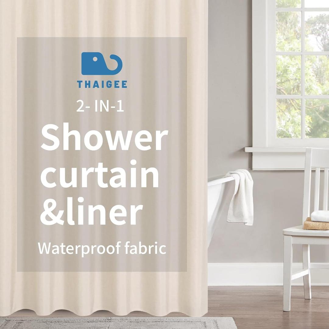 2-in-1 Waterproof Extra Long Fabric Shower Curtain or Liner, Linen Textured,84 Inch Breathable TPU & Washable Bathroom Shower Curtain Set with 12 Plastic Hooks, Modern, 72"x84" Cream