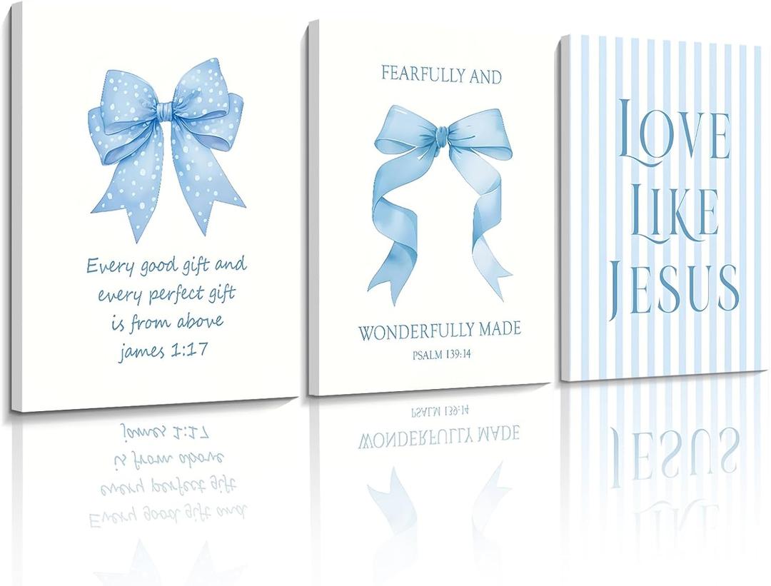 3 Piece Light Blue Bows Bathroom Decor Jesus Teen Girl Room Decor 16x24 In