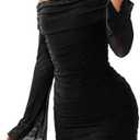 GORGLITTER Women's Off The Shoulder Mesh Mini Dress Long Sleeve Y2K Sexy Ruched Bodycon Birthday Club Party Dresses,M