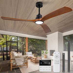 60 inch Ceiling Fans with Lights and Remote Control,Wall Switch,Solid Wood Blades,Dimmable,Reversible Noiseless,Power Off Memory Modern Black Ceiling Fan for Bedroom Patio Indoor/Outdoor Use