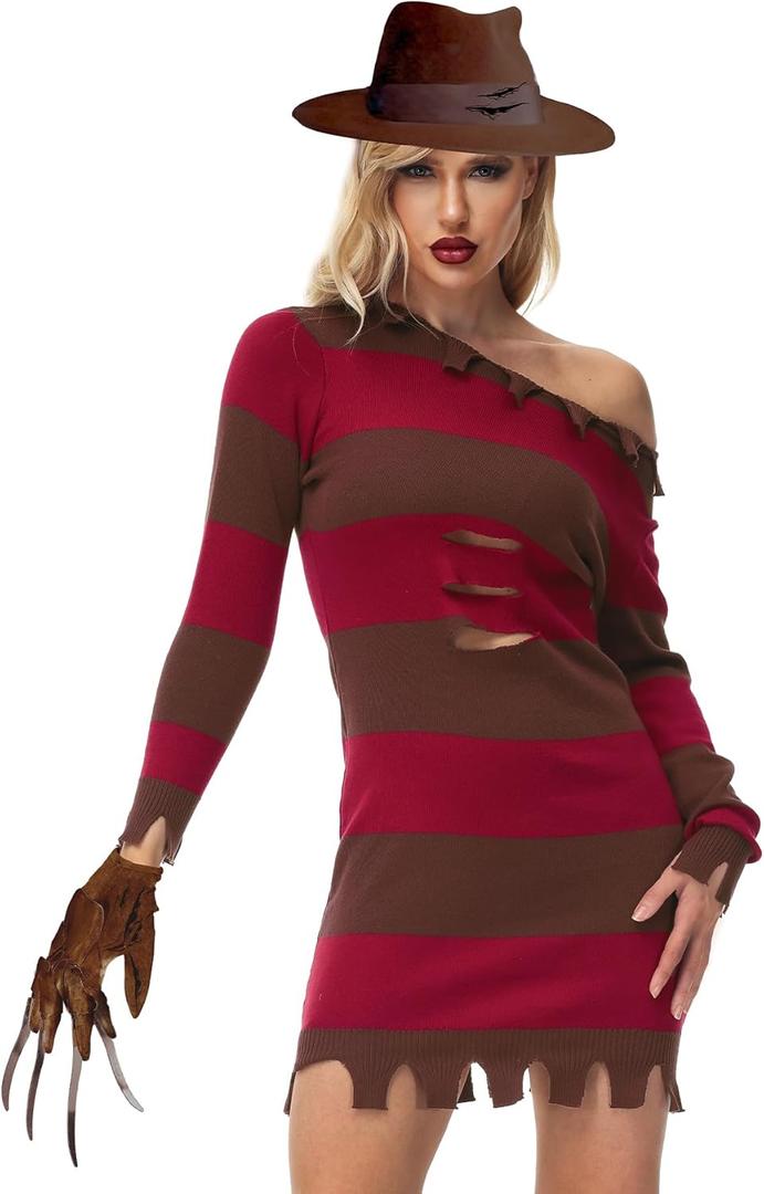 AOBUTE Halloween Women Costume Dress Mens Long Sleeve Red Striped Sweater (Large)