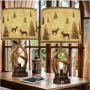 Scenekoy Rustic Farmhouse Antlers Table Lamp Set of 2 with Nightlight Dual USB Ports Linen Fabric Round Shade Bedside Lamp Decor for Living Room Bedroom Office House (Brown)