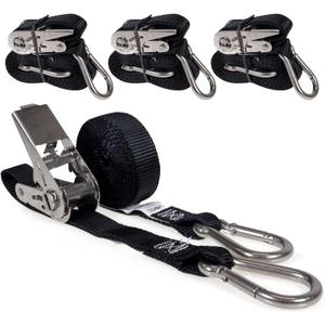 US Cargo Control Stainless Steel Ratchet Straps with Carabiner Hooks 1" X 10' (4-Pack), 500 LBS Break Strength, Marine Tie Down Straps for Boats, ATVs, Trees, Camping, Snow & Saltwater Applications