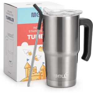 Insulated Tumbler with Handle 16 oz Stainless Steel Double Wall Vacuum Tumbler Cups Travel Coffee Mug with Lid and Straw(Silver)