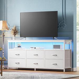Huuger LED TV Stand for Bedroom, 55 Inch Fabric Dresser with Power Outlets, Entertainment Center for 60, 55, 50 Inch TV, 6 Drawer Dresser for Bedroom, Chest of Drawers with Shlef, PU Leather, White, 54 inch