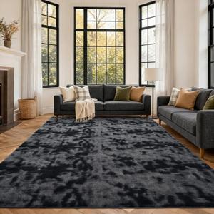 FinRec 7x10 Washable Area Rugs for Bedroom Living Room, Low Pile Thin Ultra Soft Shag Rug, Non-Slip Carpet Indoor for Home Decor (Tie-dye Dark Grey)
