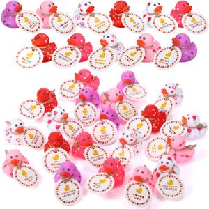 Jerify 24 Pcs 2 Inch Valentines Ducks for Kids Classroom Exchange Gifts Valentine's Day Rubber Ducks with Gifts Cards Mini Heart Rubber Duckies Valentines Party Favors Toys, 6 Styles (Colorful)