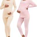 Patelai 2 Pack Thermal Nursing Underwear for Women Maternity Pajama Set Breastfeeding Sleepwear Fleece Lined Pregnancy Set(Nude, Pink, L)