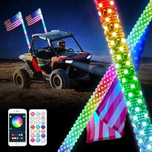 LED Whip Lights, 2PCS 3FT Lighted Whips with App & Remote Control, Whip Lights for Side by Side with Turn Light, RGB Chasing, Music Mode, Compatible with UTV, ATV, RZR, SXS, Offroad Truck
