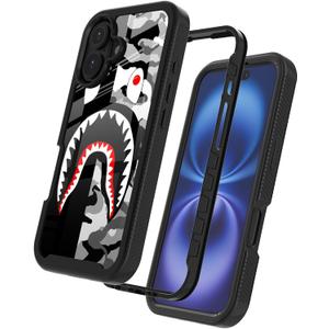 Street Fashion Cool Camo Black Gray Shark Design Compatible with iPhone 16 Case for Boys Man Luxury Shockproof Rugged Cover Dual Layer Soft TPU + Hard PC Bumper Full-Body Protective Case