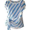 Floerns Women's Chiffon Blouses Tops Striped Mesh Bowknot Round Neck Shirts Short Dolman Sleeve Tie Side Work Blouse Blue, Medium