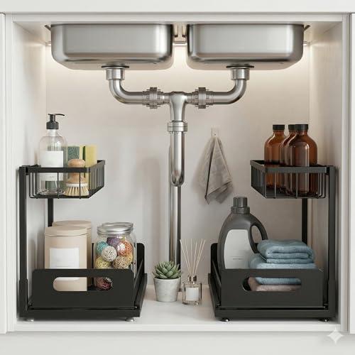 MERATIA Under Sink Organizer 2 Tier, Pull Out Drawer Slides Under Sink Storage for Bathroom Kitchen, Multi-Purpose Drawer Under Cabinet Organizer for Cleaning Supplies (Black, 2 Pack)