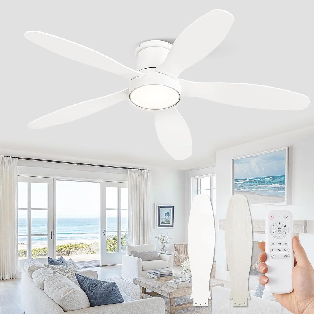 52" Flush Mount Ceiling Fans, Low Profile Ceiling Fan with Light and Remote, Modern LED Ceiling Fan Lighting Fixture for Bedroom, Kitchen, Indoor-White (White)