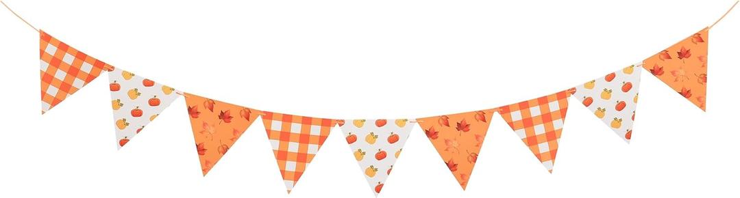 Fall Banner Garland – Autumn Triangle Flag Bunting with Plaid, Pumpkin & Maple Leaf Designs – Cardstock Thanksgiving Decorations for Fall Birthday, Harvest & Party Supplies
