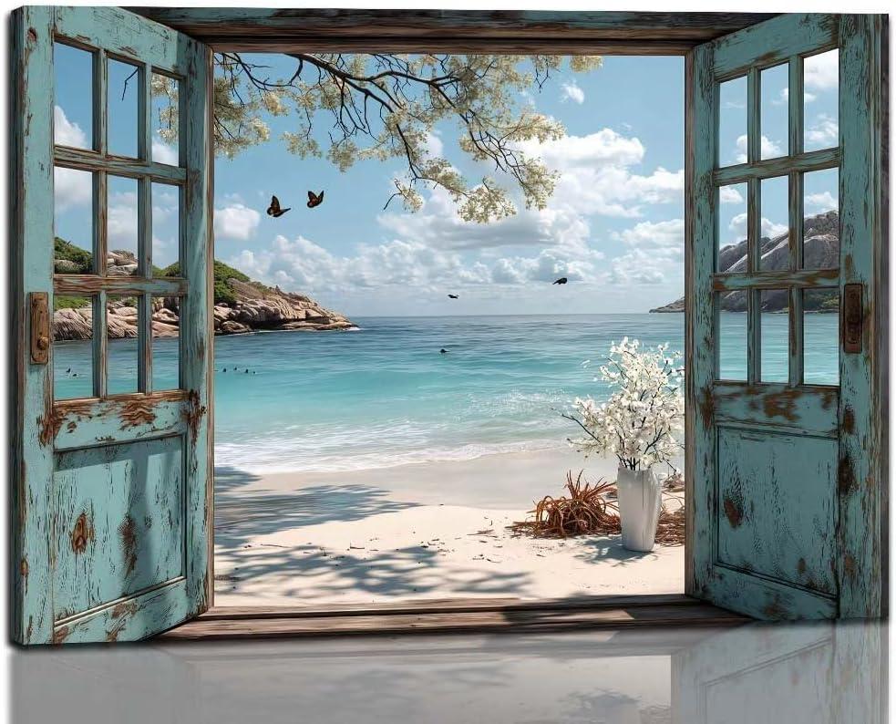 Framed Open Window Beach Canvas Wall Art Coastal Wall Decor Picture White Flowers and Butterflies Painting Artwork Fake Window Wall Art Horizontal Nature Landscape Seaside Summer Print for Home Decoration (B, 8x12inch(20x30cm), Framed)