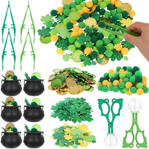 302 Pcs St. Patrick's Day Sensory Bin Fillers Fine Motor Skills St. Patrick's Decorations Pompoms Shamrock Stickers Plastic Coins Tweezers Scissor Clips for St. Patrick's Sorting Counting
