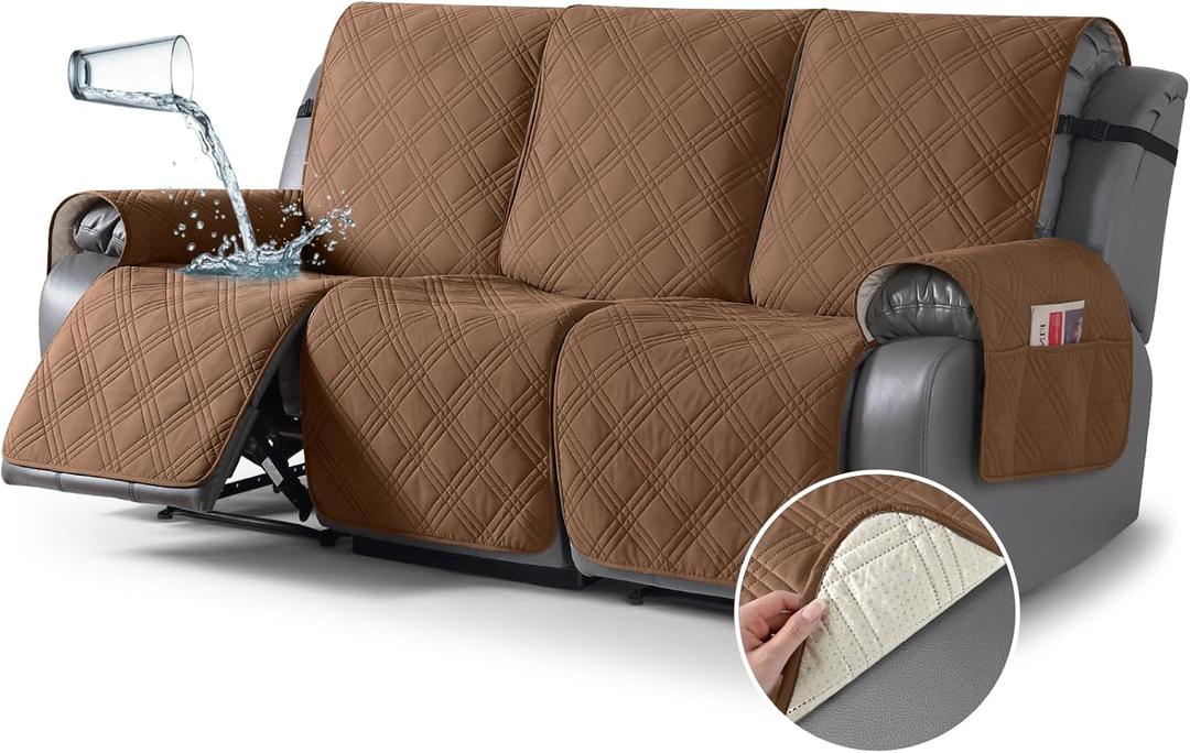 TAOCOCO 100% Waterproof Recliner Sofa Covers 3 Seater Split Couch Covers for 3 Cushion Reclining Couch with Straps, Non Slip Reclining Sofa Covers Furniture Protector for Kids Pets (3 Seater, Brown)