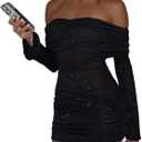 Women Sexy Off Shoulder Bodycon Mini Dress Mesh Sheer Ruched Sparkly Flared Long Sleeve Y2K Dress Club Night Out Dresses (XX-Large, Black (1 Or 2 Size Up Pls))