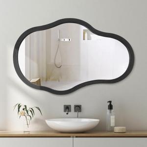 Black Large Asymmetrical Modern Unique Wooden Framed Wall Mirror, 28"L x 20"W, Vanity Artistic Wavy Mirror, Decorative for Living Room, Bedroom, Bathroom, Entryway