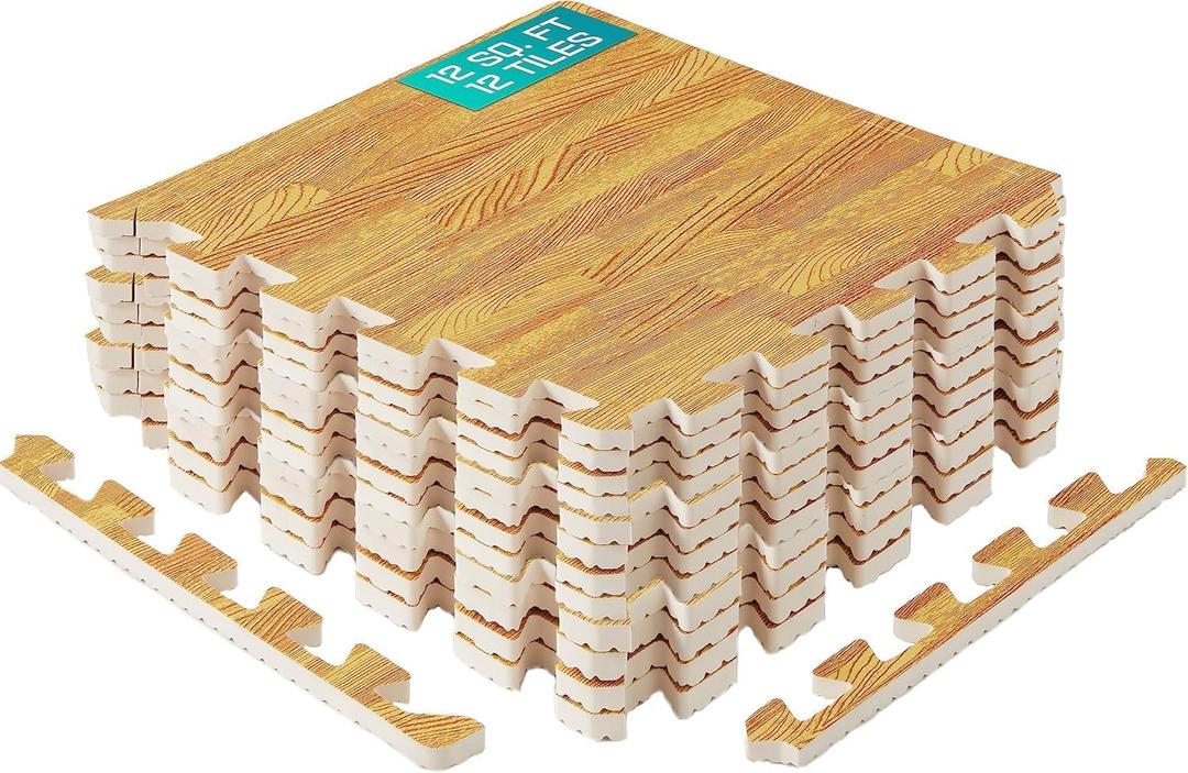 Yes4All EVA Interlocking Mats, Puzzle Floor Tiles, Foam Floor Padding with Border for Furniture, Home Space, Living Room, Garage 11 SQFT (A. Oak Wood Light)