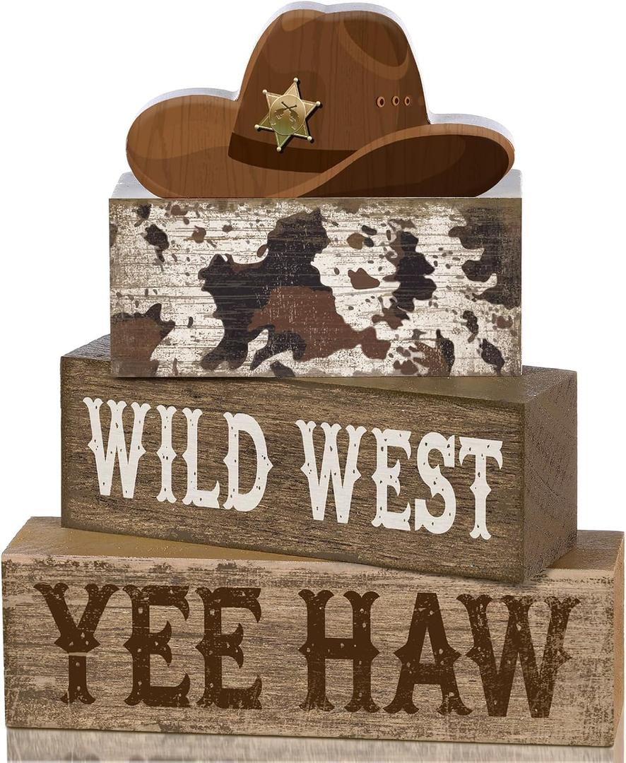 Yuntau 4 Pcs Western Tiered Tray Decorations Set Cowboy Hat Stack Block Signs Desert Farmhouse Rustic Tabletop Tiered Tray Decor for Table Shelf Home Office