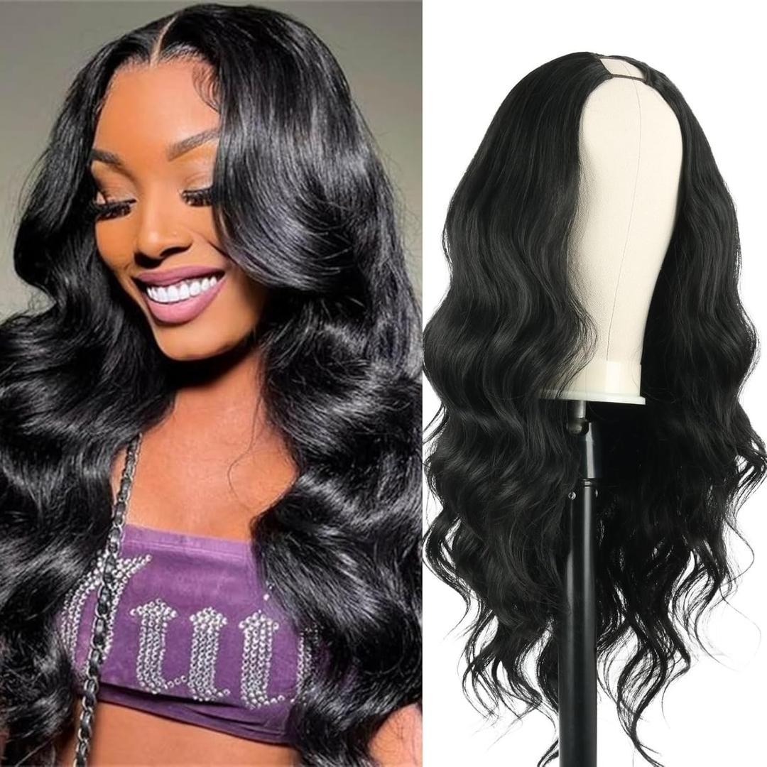 Body Wave V Part Wig Glueless Synthetic Long Wavy Wigs Upgrade U Part Wigs For Black Women Clip in Thin Part V Shape Wig Hair Extensions (Black)