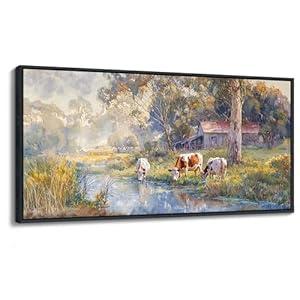 JEAWA Large Framed Canvas Painting - 24x48 IN Watercolor Landscape Wall Decor, Country Picture with Wooden House and Green Trees, Cow Art Prints for Bedroom Living Room Home Decoration