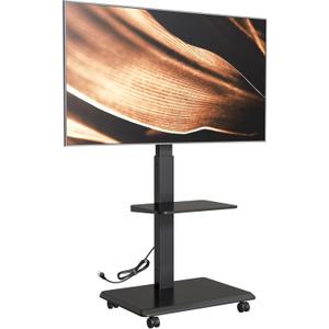 Steel Base Rolling TV Stand with Power Outlet for 32-75 inch TVs up to 110 lbs, Leveling & Tilt & Swivel Mobile TV Stand with Hidden Wire Management, Height Adjustable Portable Tv Stand, Black