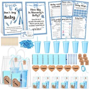 Dunzoom 461 Pcs Funny Baby Shower Games with Prizes for Guests Game Player Winners Gifts Include Plastic Tumbler Notebook Ballpoint Pen Gift Bag, All in One Set(Blue)