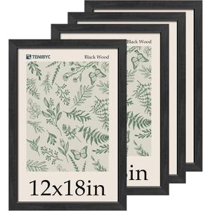 12x18 Frame Set of 4, Textured Black Wood & HD Tempered Glass, 12x18 Poster Picture Frame, Vertical & Horizontal Wall Hanging