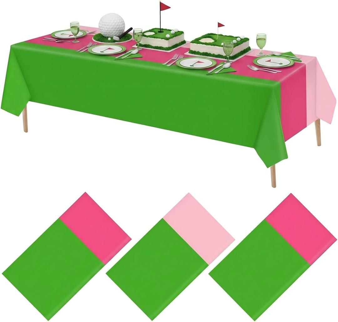 3 Pack Pink and Green Disposable Plastic Tablecloth Hole in One Plastic Table Runner Rectangle Table Covers for Golf Clubs First Birthday Girls Baby Shower Party Decorations 51" x 108"