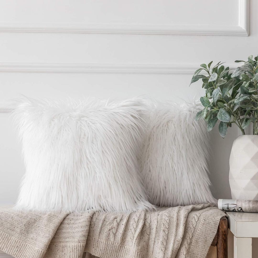 Ashler HOME DECO Pack of 2 Decorative Luxury Style White Faux Fur Throw Pillow Case Cushion Cover 18 x 18 Inches 45 x 45 cm (Pack of 2)